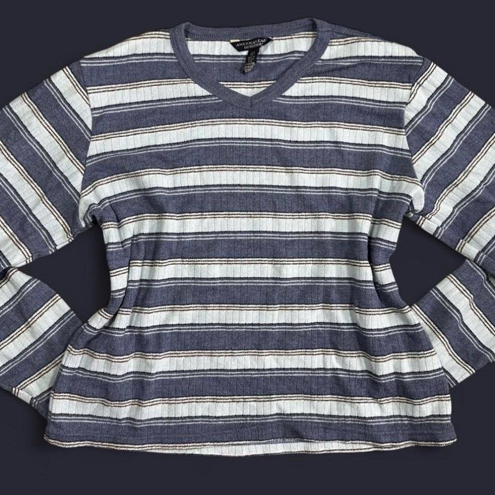 Vtg American Eagle Cotton Blue Striped V Neck Top Women’s Large Coastal Retro